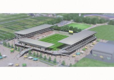 左右の観客席の上に日よけが設置された、再整備後の金沢市民サッカー場の鳥観図